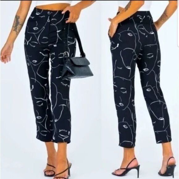 Princess Polly 4 Black Zavia Pants Abstract Face High Rise Relaxed Fit Artsy - Picture 1 of 6